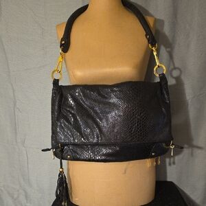 JM Collection Black Shoulder Bag with Gold Hardware